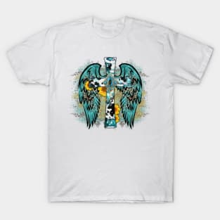 Turquoise Cross With Wings and Blue and Gold Background T-Shirt